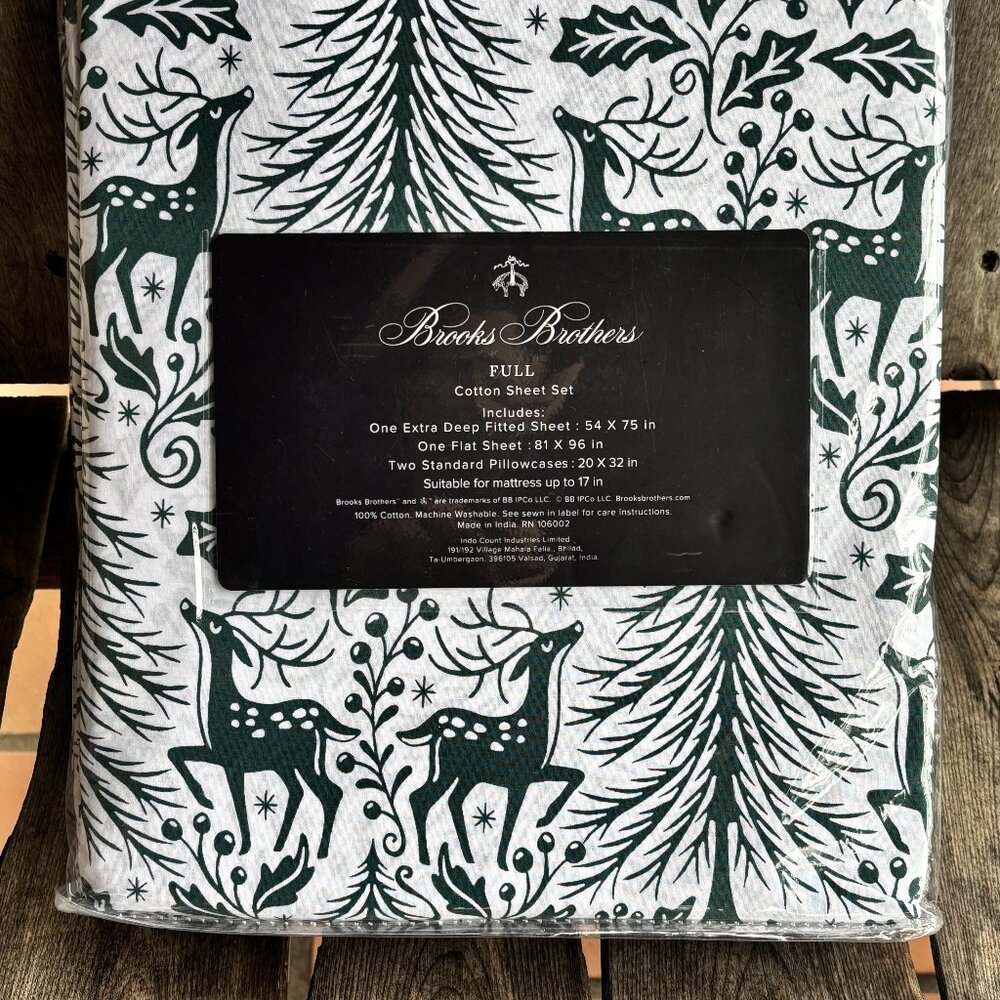 Brooks Brothers Holiday Christmas Cotton Sheet Set | FULL Size (reindeer tree)